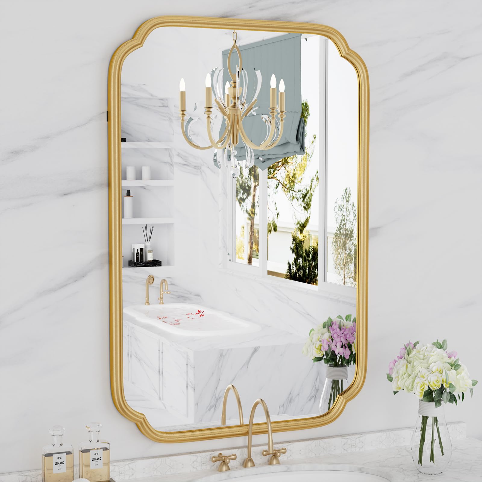 Ferytange gold bathroom mirror 20x30 reflecting light to brighten the vanity.