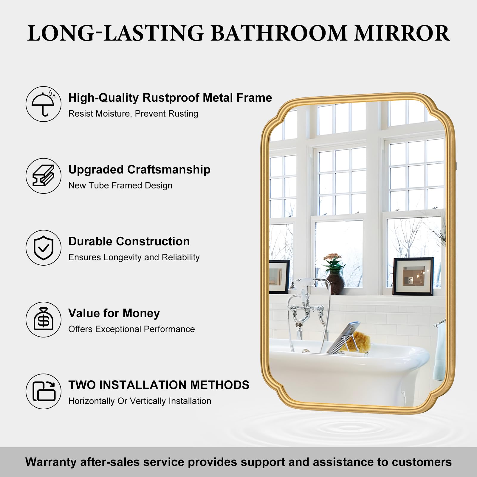 Ferytange gold mirror with ready D-rings for easy hanging.