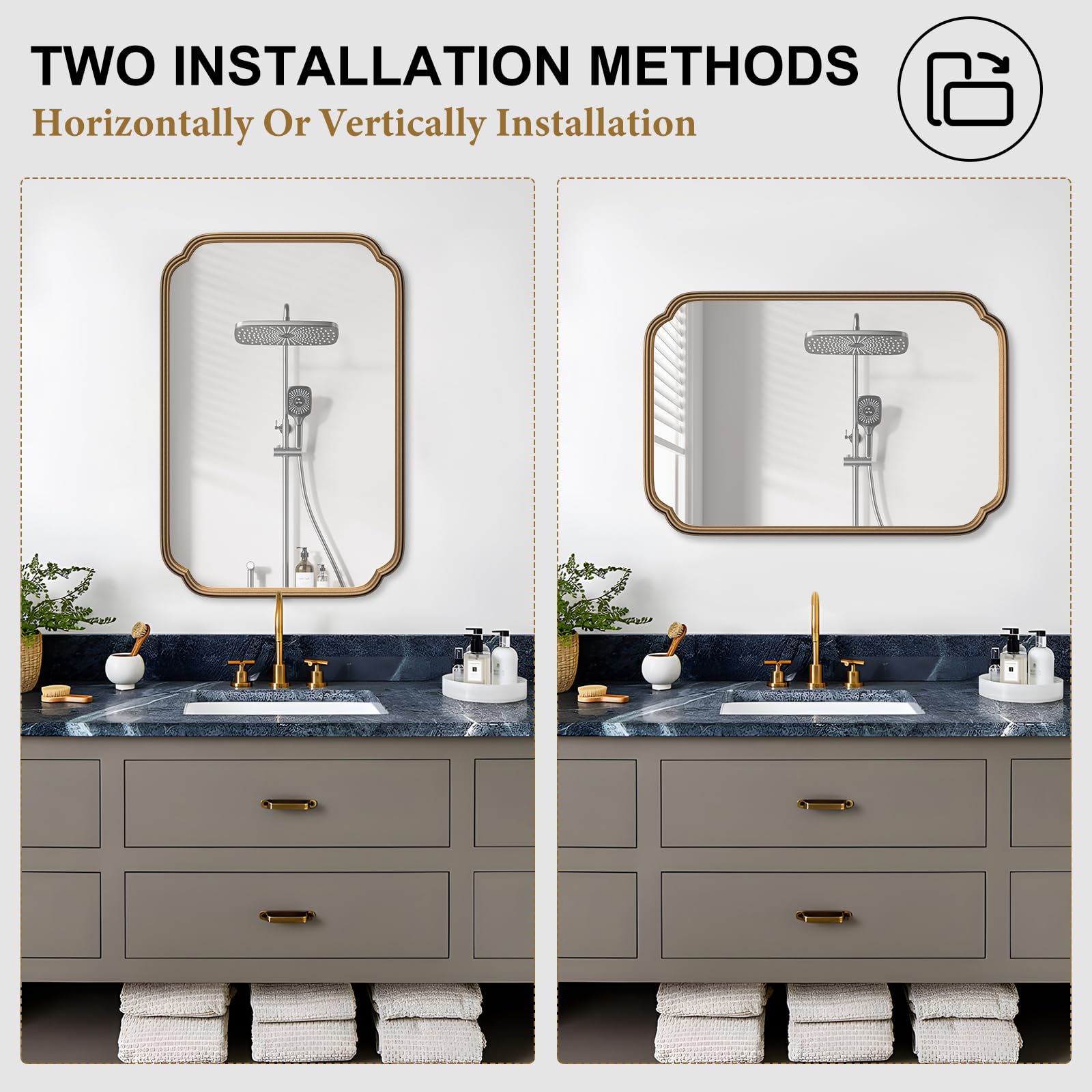Ferytange gold vertical mounting mirror for tall bathrooms.