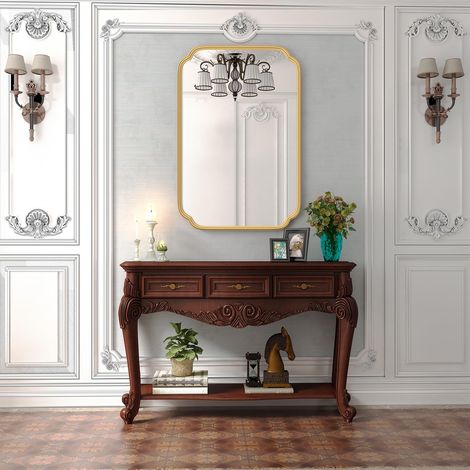 Elegant gold tone enhances vanity area without overpowering space