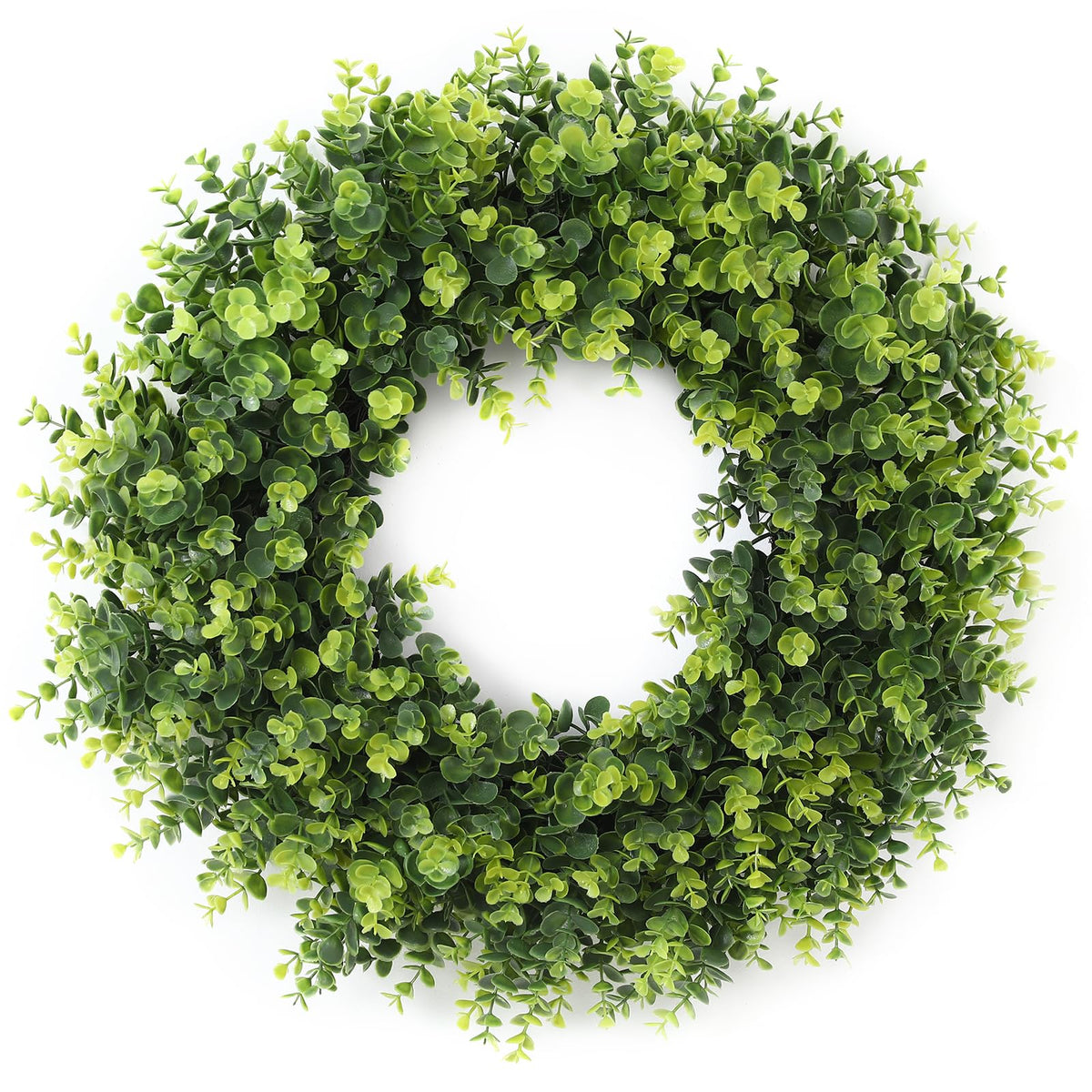 FestalMart 26-inch boxwood wreath close-up on front door with lush texture and year-round appeal.