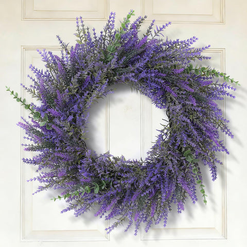 FestalMart 26-inch lavender-eucalyptus wreath on front door enhances curb appeal and seasonal charm.
