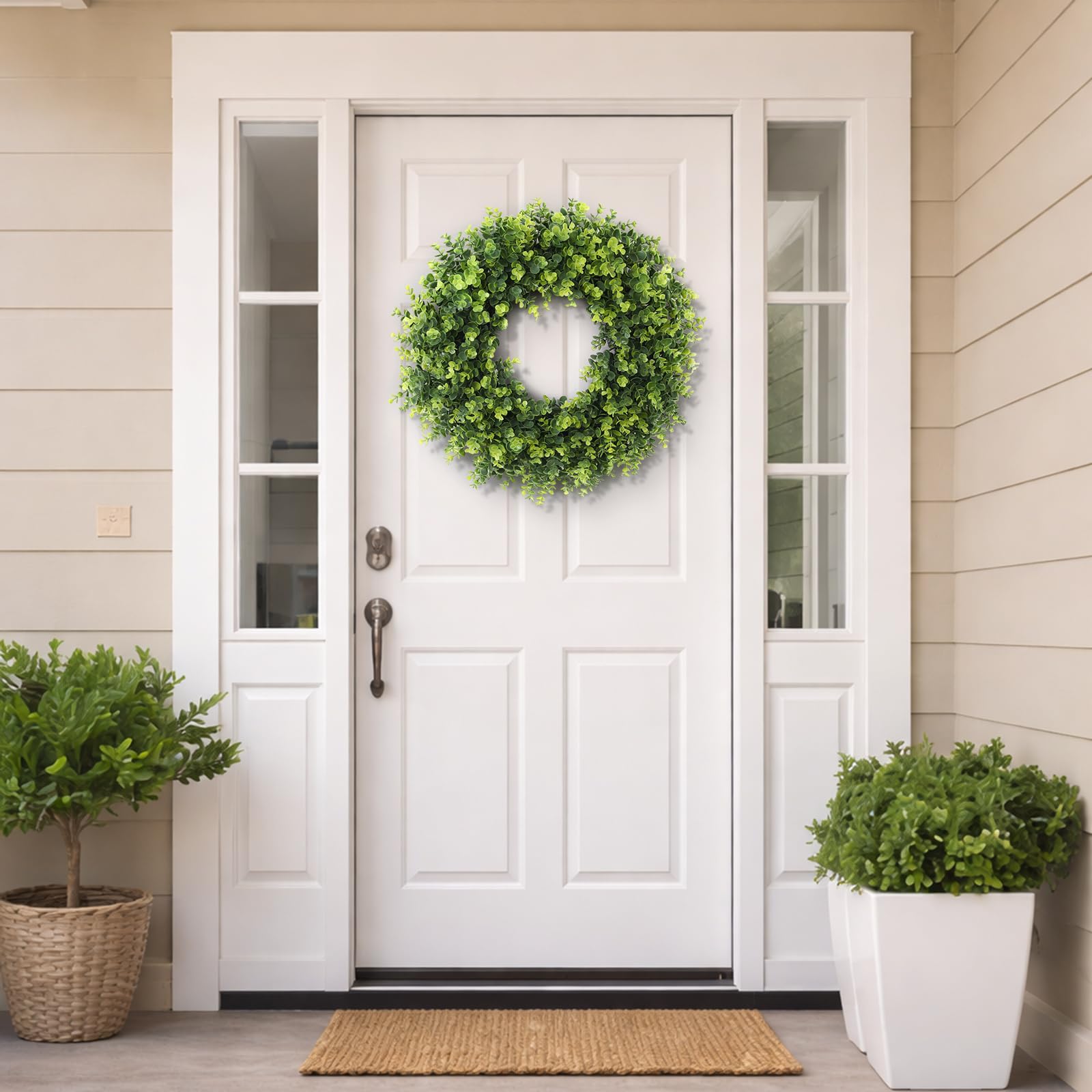 FestalMart boxwood wreath displayed indoors and outdoors for durable seasonal decor.