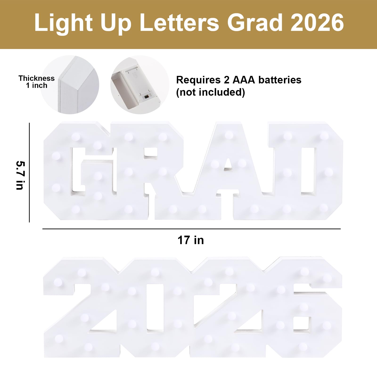 FestalMart Grad 2026 light-up letters, glowing close-up, showcases warm LED illumination.