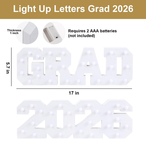 FestalMart Grad 2026 light-up letters, glowing close-up, showcases warm LED illumination.