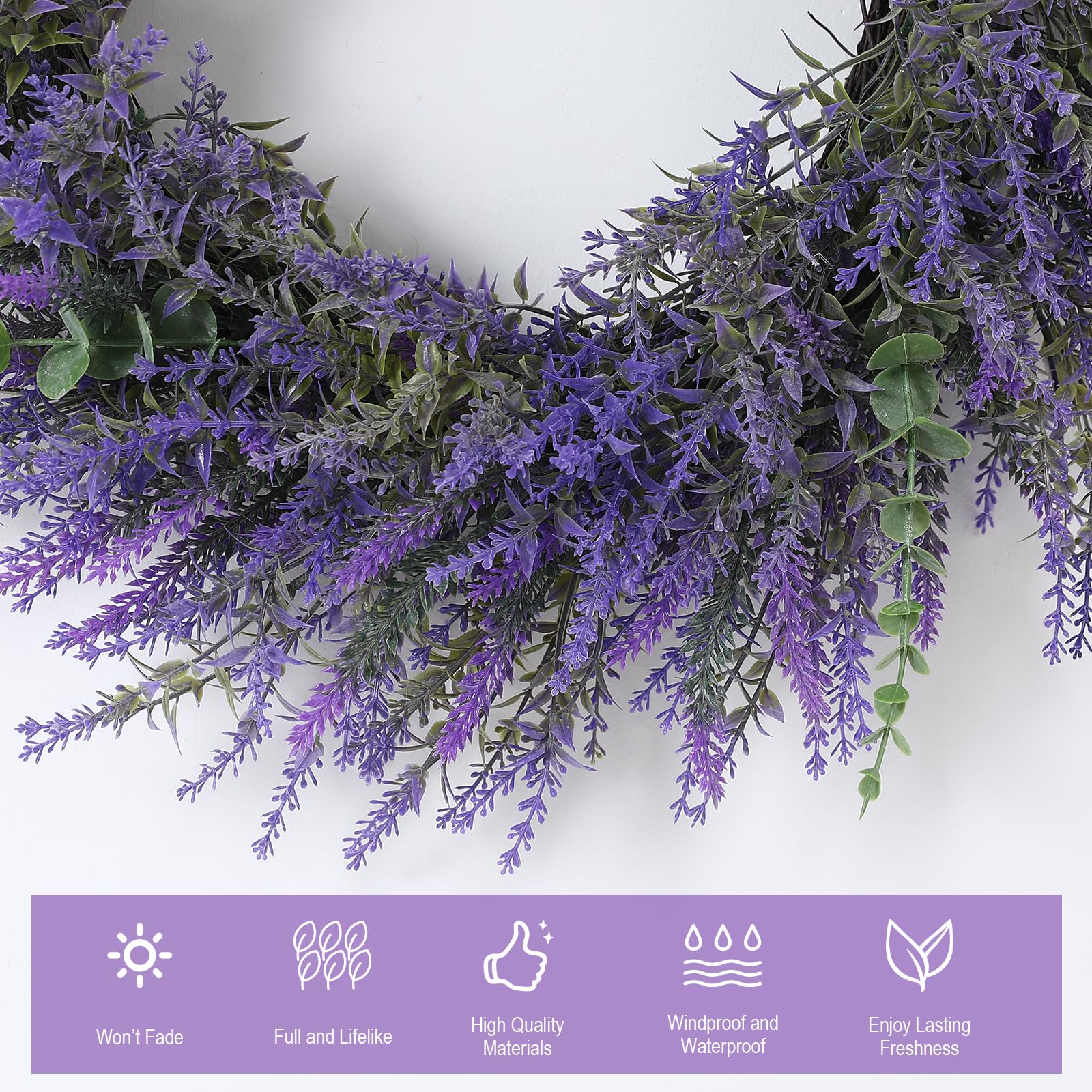 FestalMart lavender wreath for indoor or outdoor display withstands wind and rain while remaining vibrant.
