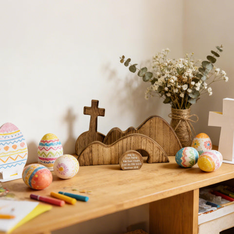 FESTGLOX tombstone featuring Matthew 28:6 inspires faith-centered decor.