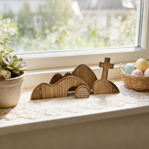 FESTGLOX tabletop Easter display fits mantels and shelves easily.