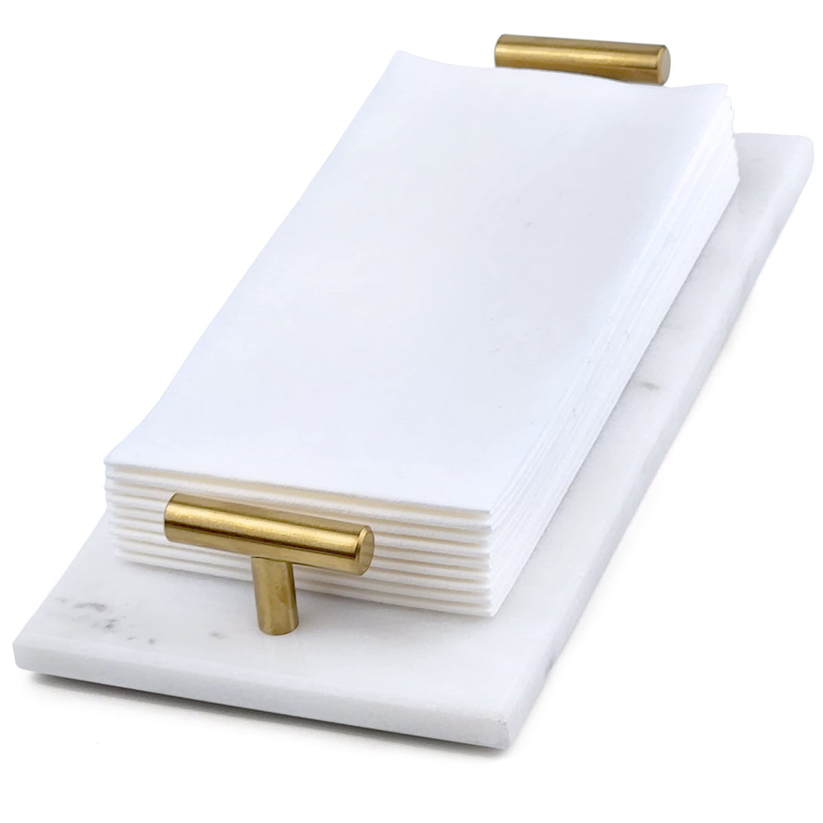 Fete guest towel holder tray in white marble adds elegant organization to bathrooms.
