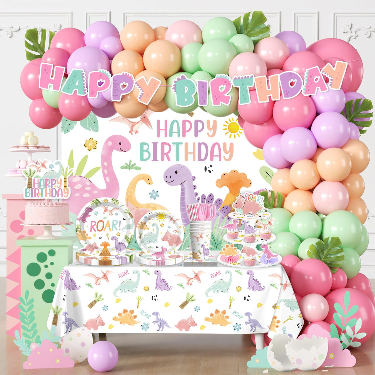 Fexivo 293pcs pink dinosaur arch, a playful party focal point for photos