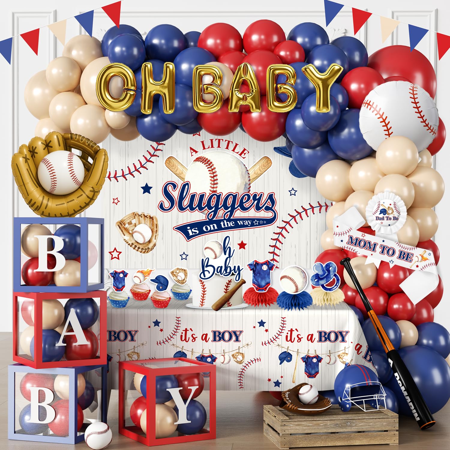 Fexivo baseball baby shower arch decor creates a festive entry backdrop.