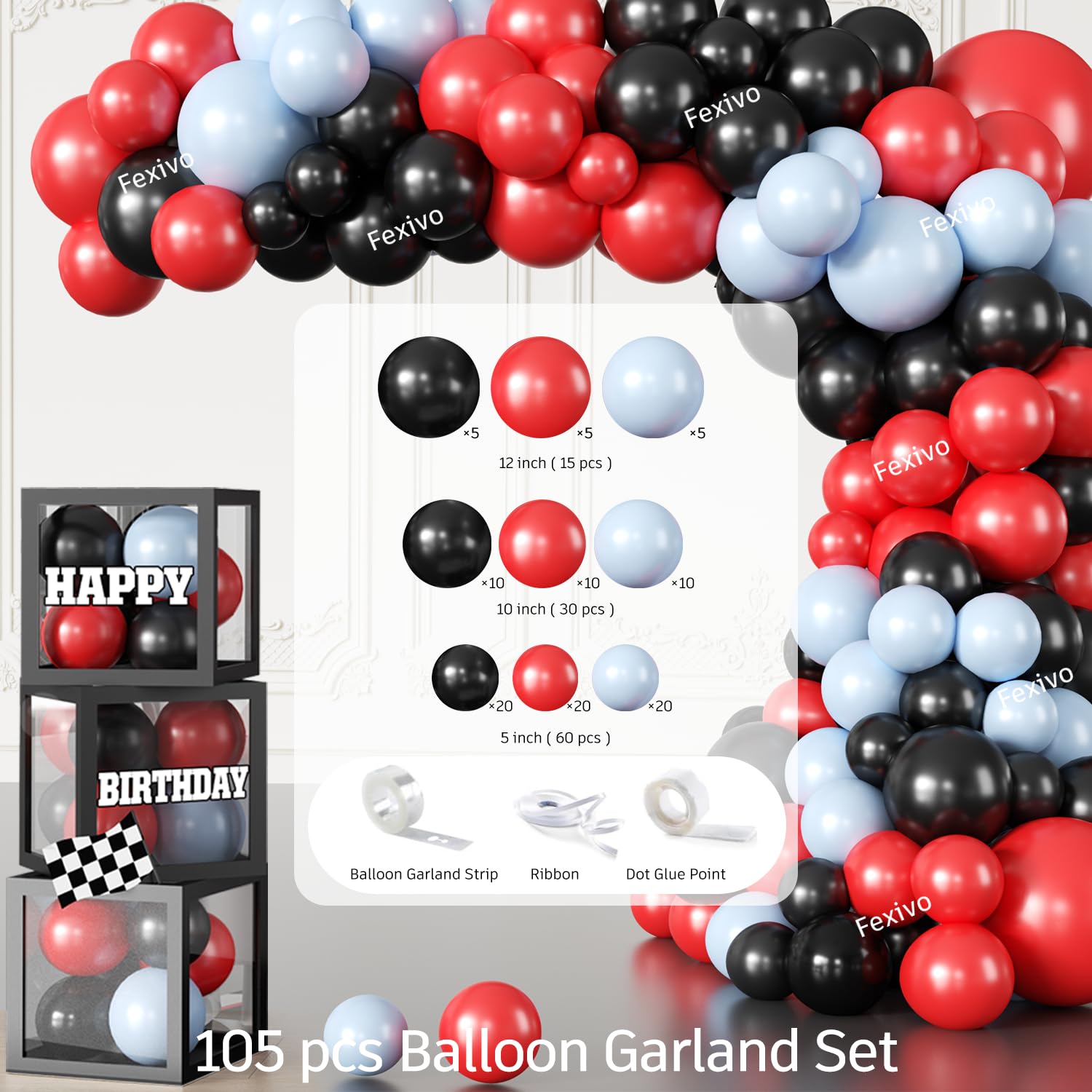 Fexivo checkered flag decor creates cohesive racing vibes throughout the room.