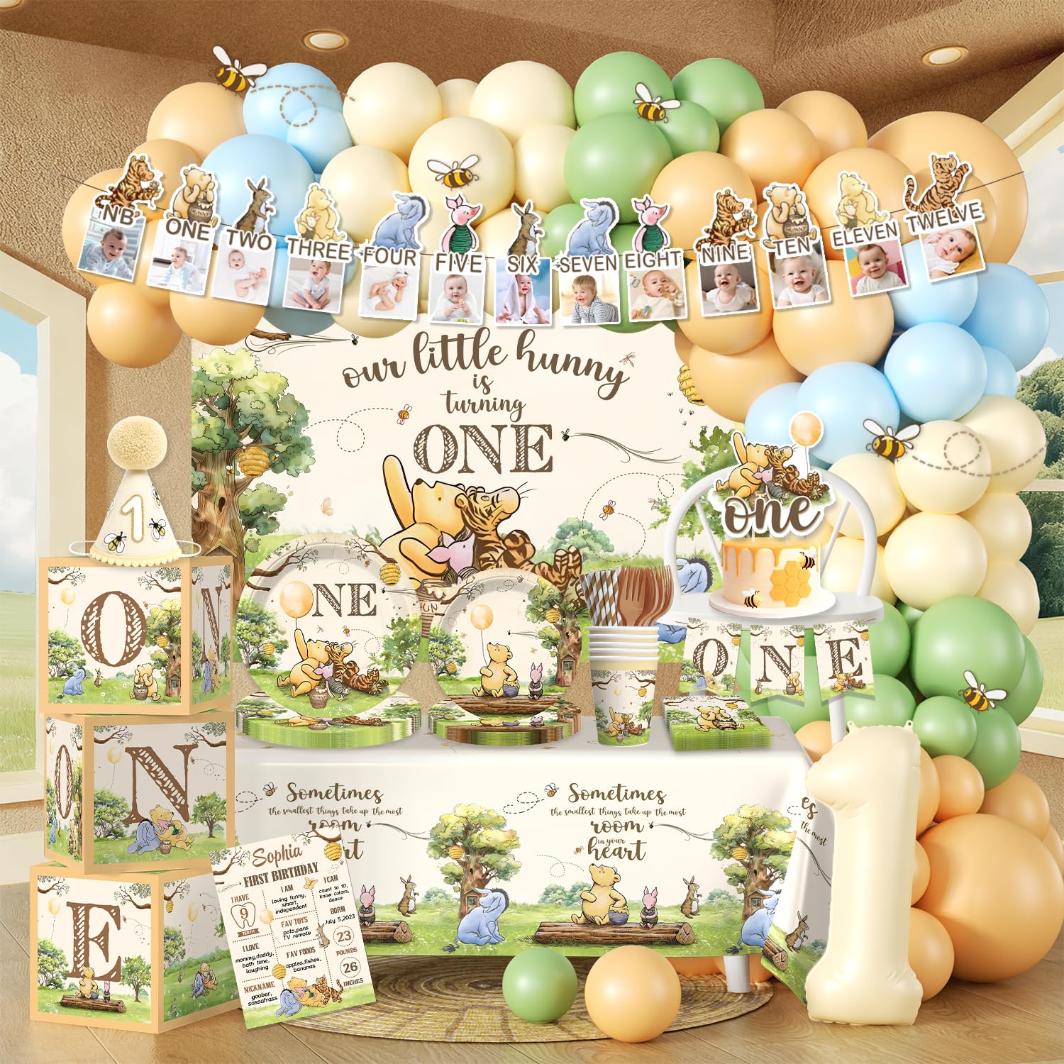 Fexivo Classic Bear banner adorns a cheerful first birthday setup for photos
