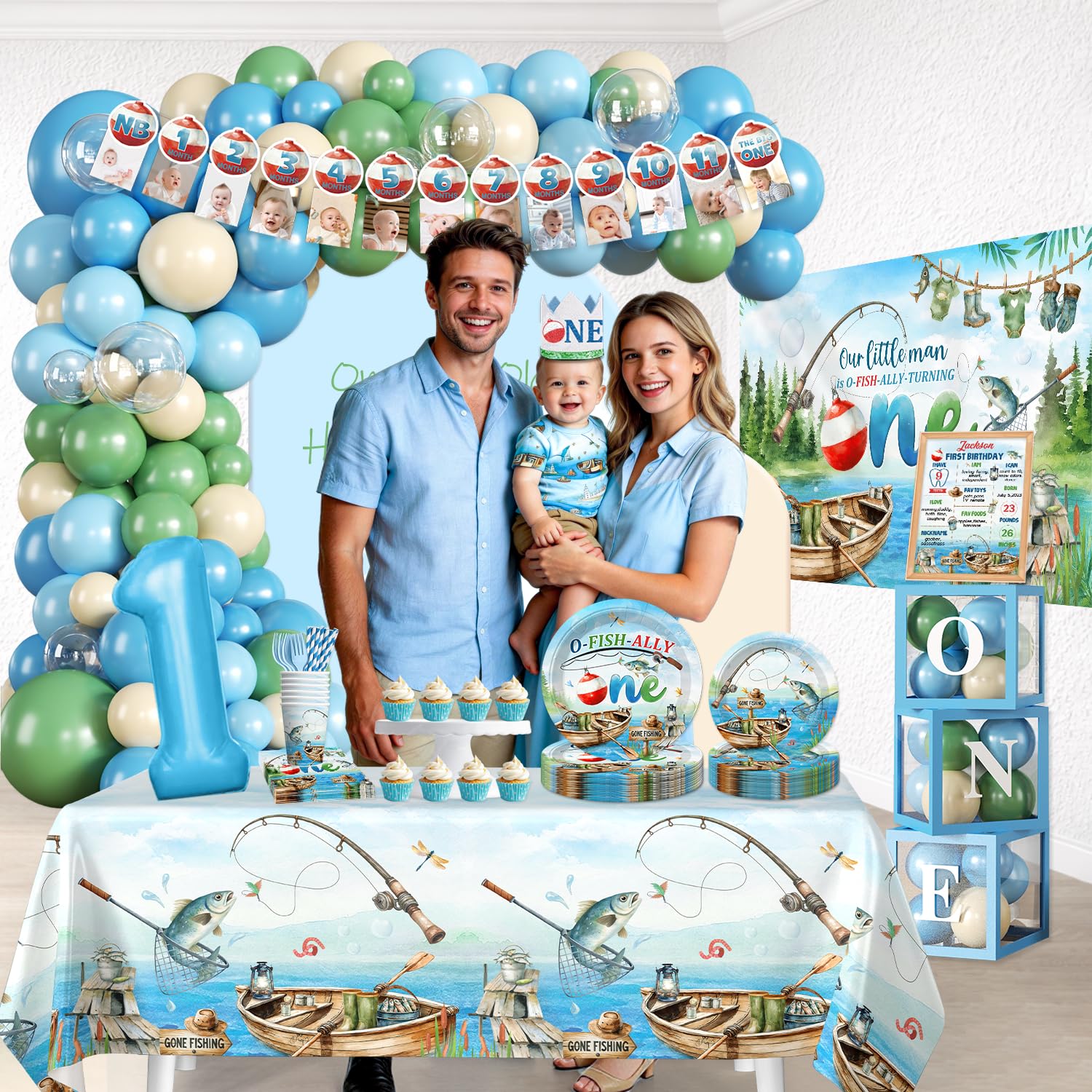 Fexivo Ofishally One foil balloons bring shimmering accents to the party space.