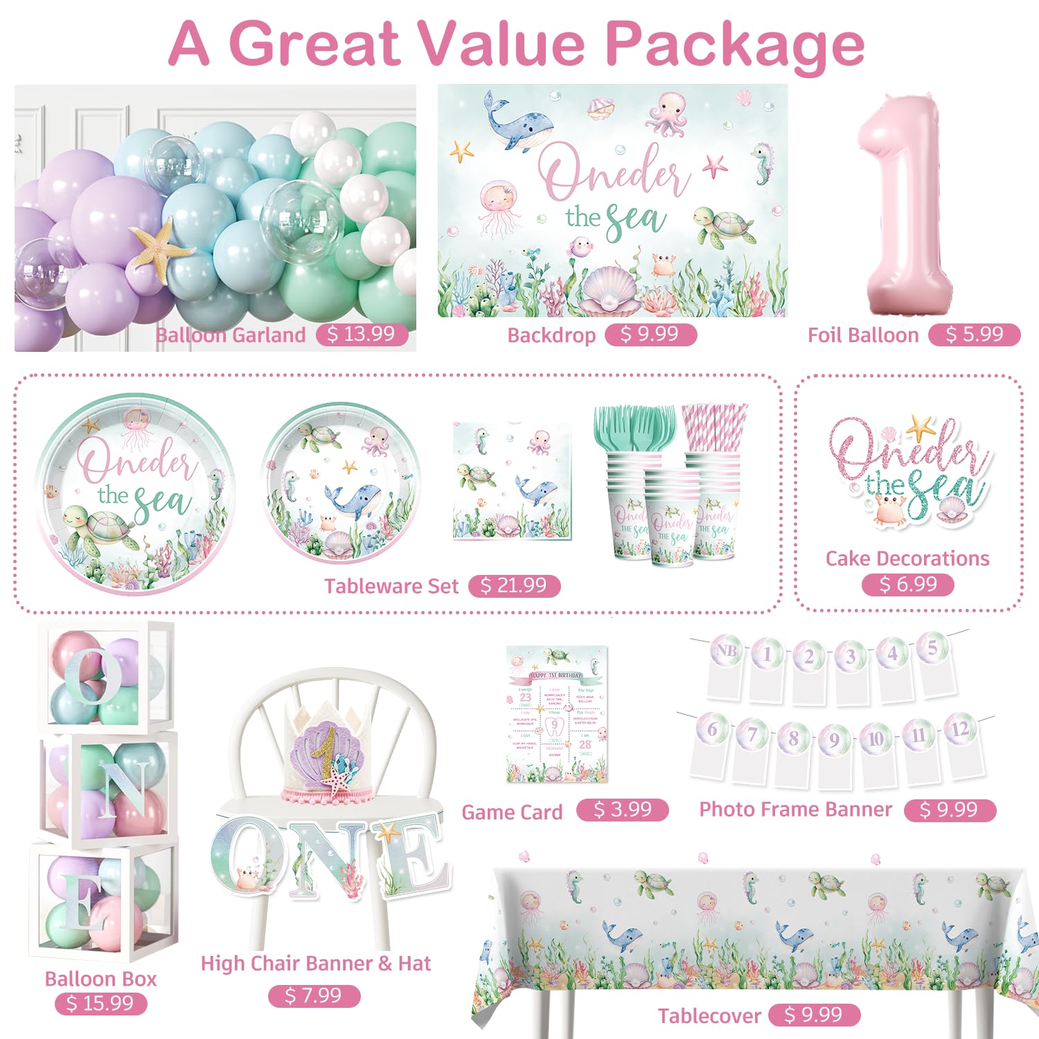Fexivo Oneder the Sea high chair banner highlights the birthday centerpiece.
