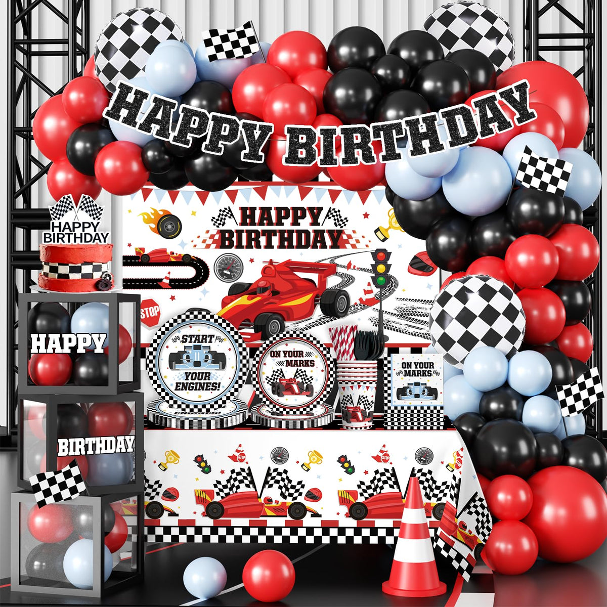 Fexivo race car banner backdrop enhances party photos with bold colors and track vibes.