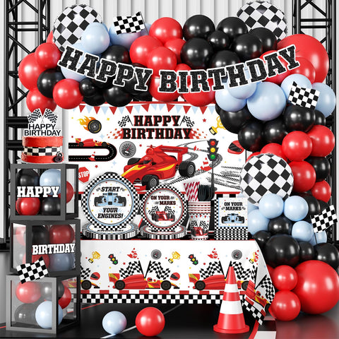 Fexivo race car banner backdrop enhances party photos with bold colors and track vibes.