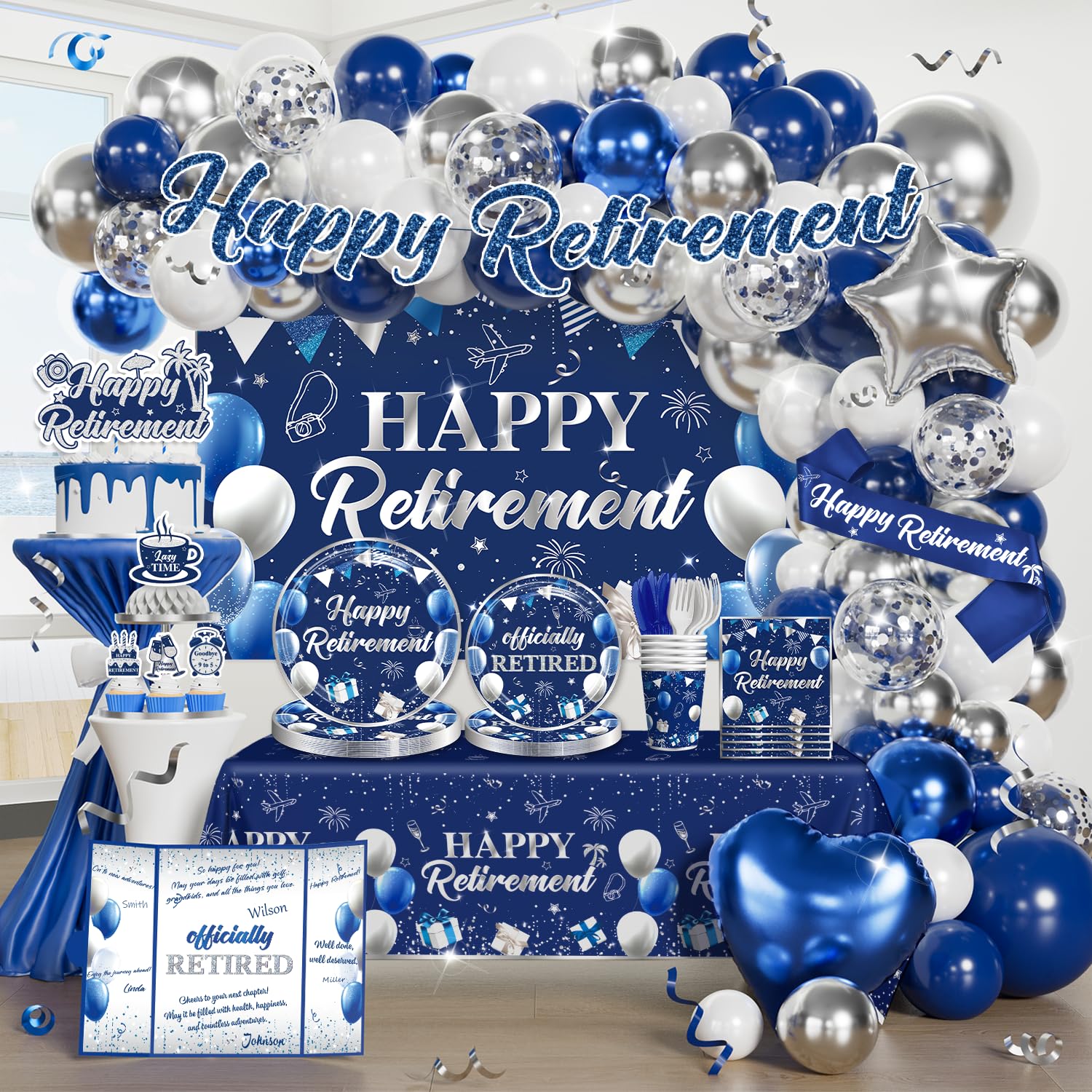 Fexivo retirement banner in blue and silver for a polished party backdrop.
