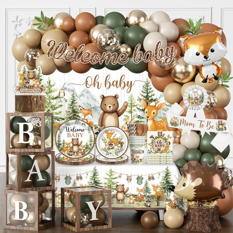 Fexivo woodland balloon garland in earthy tones for a photo-ready baby shower.