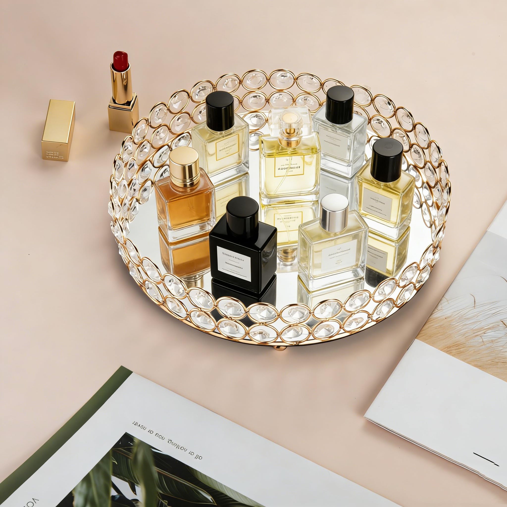 Feyarl crystal makeup tray on dresser with mirrored shine