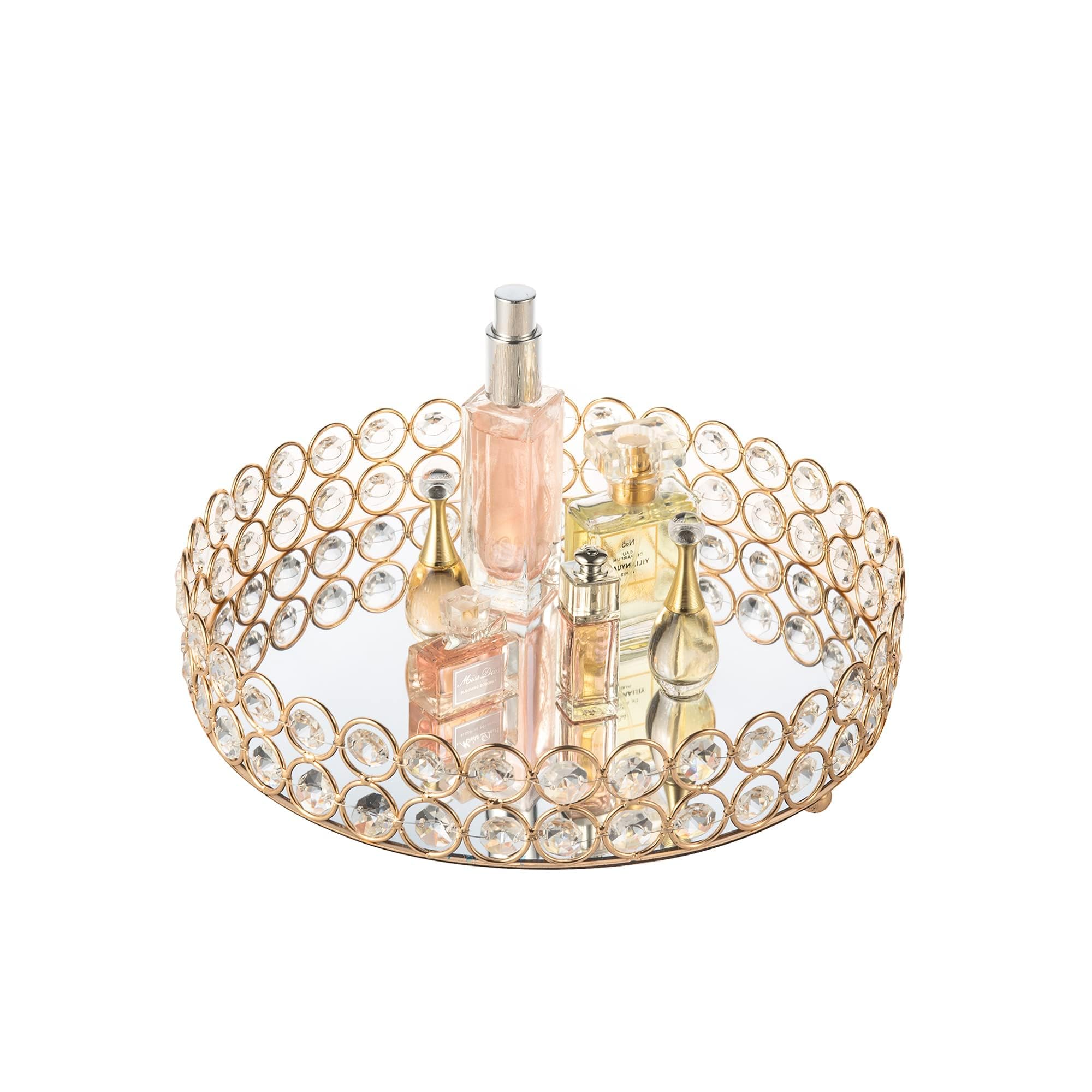 Feyarl crystal perfume tray in round gold with mirrored surface for elegant vanity
