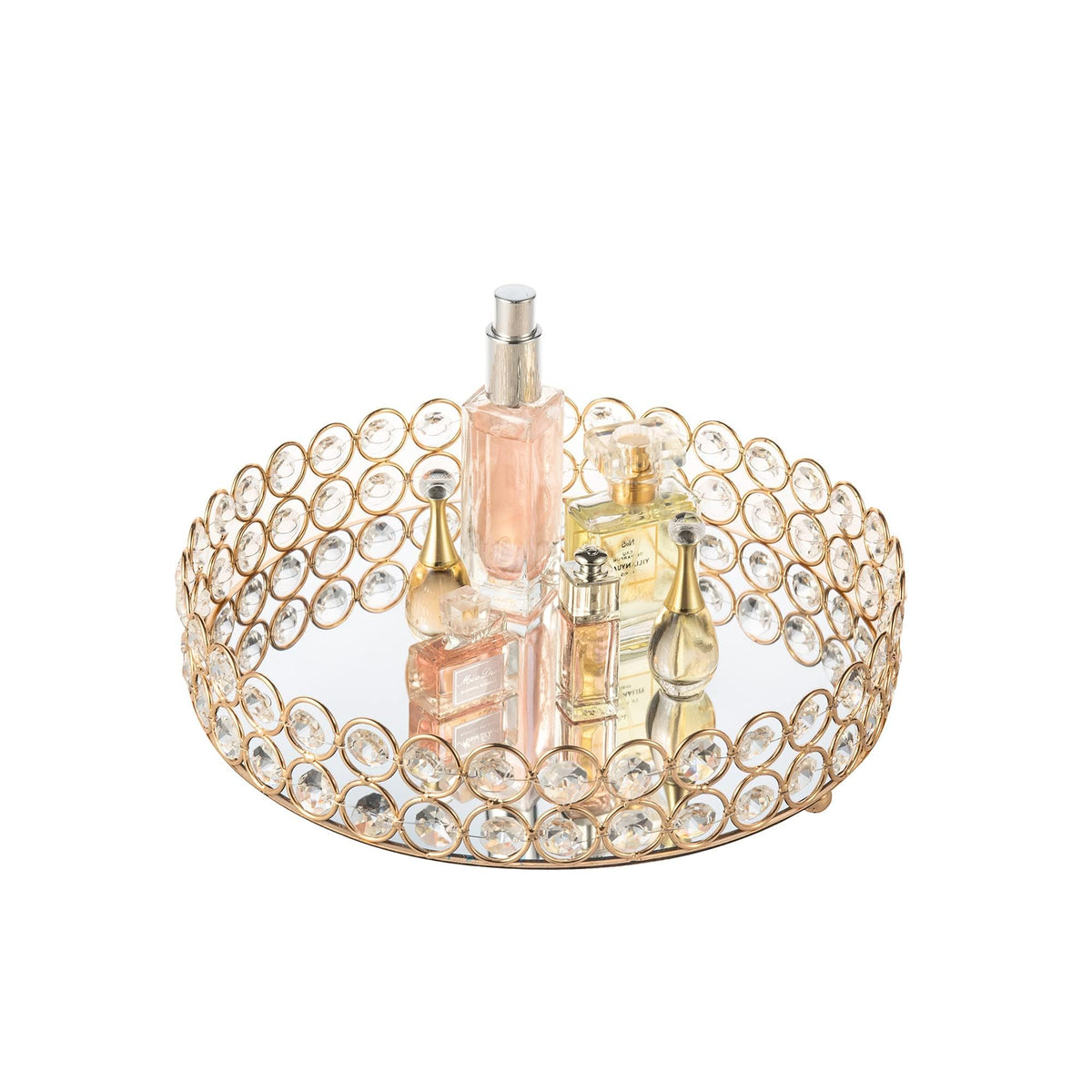 Feyarl crystal perfume tray in round gold with mirrored surface for elegant vanity