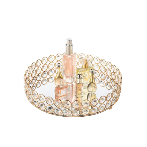 Feyarl crystal perfume tray in round gold with mirrored surface for elegant vanity