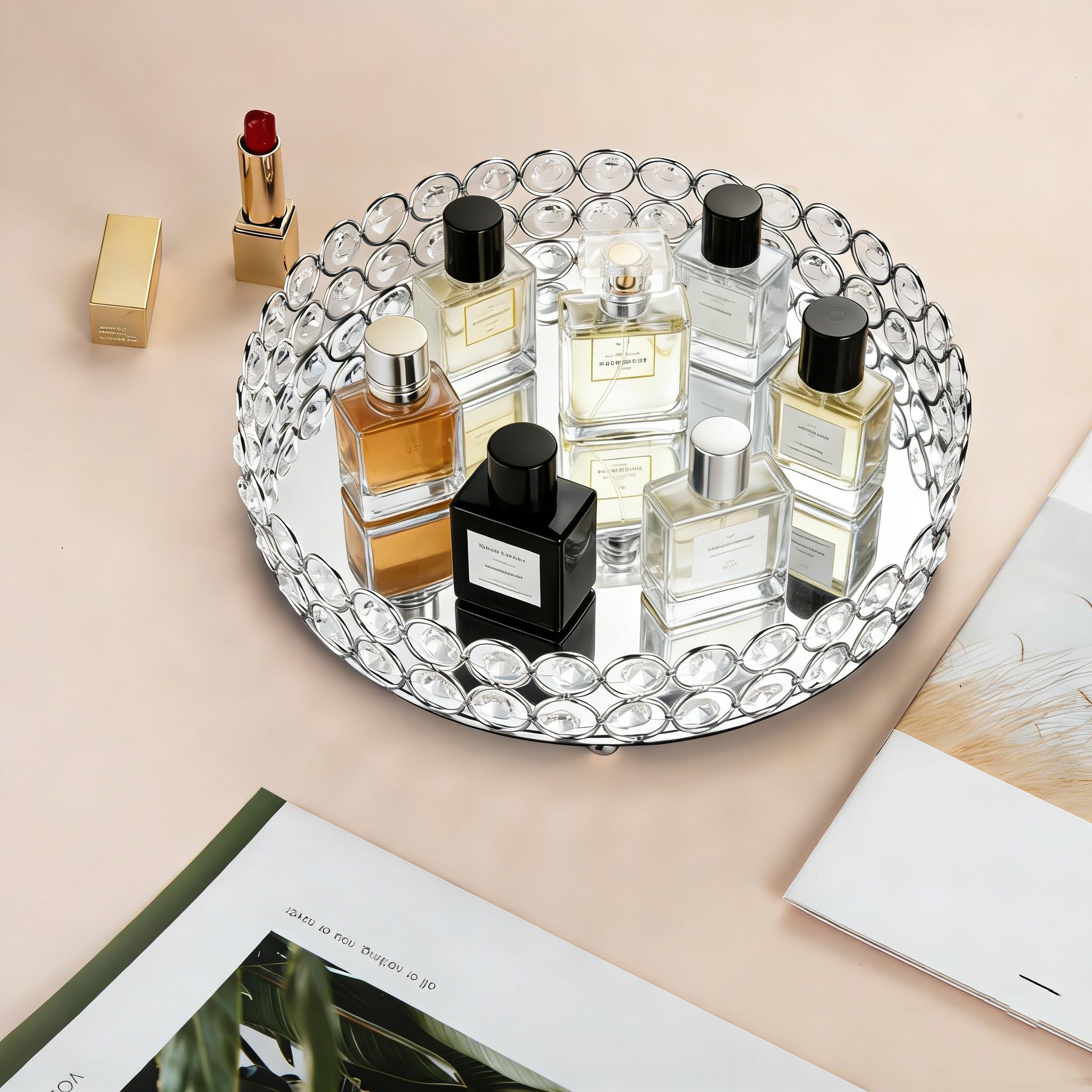 Feyarl crystal tray perfume and makeup display elevating vanity setup