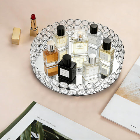 Feyarl crystal tray perfume and makeup display elevating vanity setup