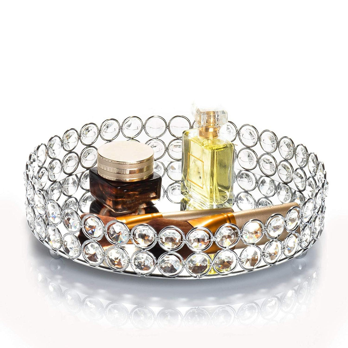 Feyarl crystal tray round silver top view for elegant jewelry organization
