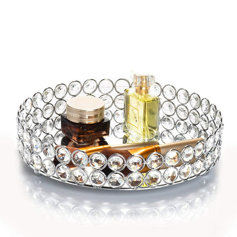 Feyarl crystal tray round silver top view for elegant jewelry organization