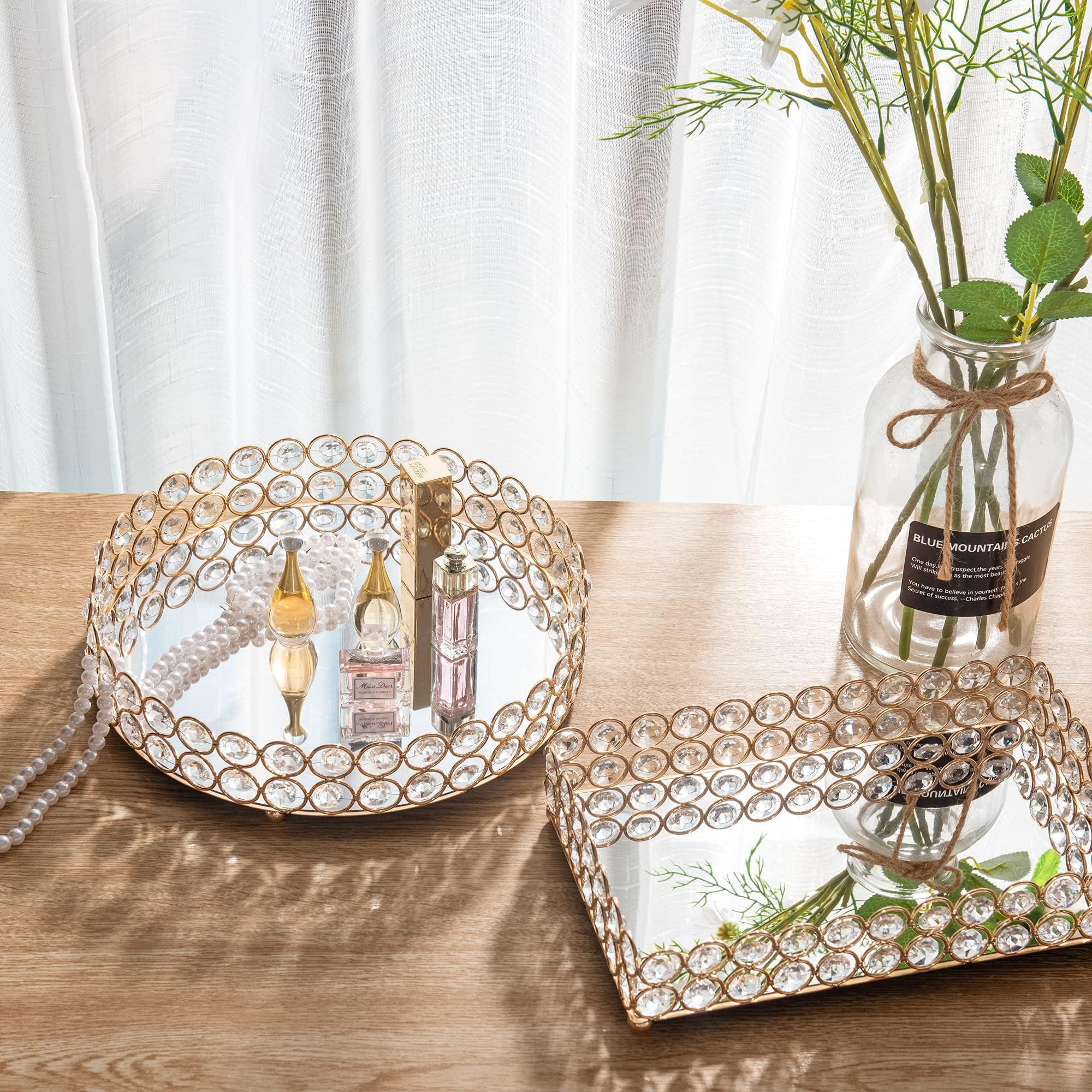 Feyarl round gold decorative tray for versatile decor or serving