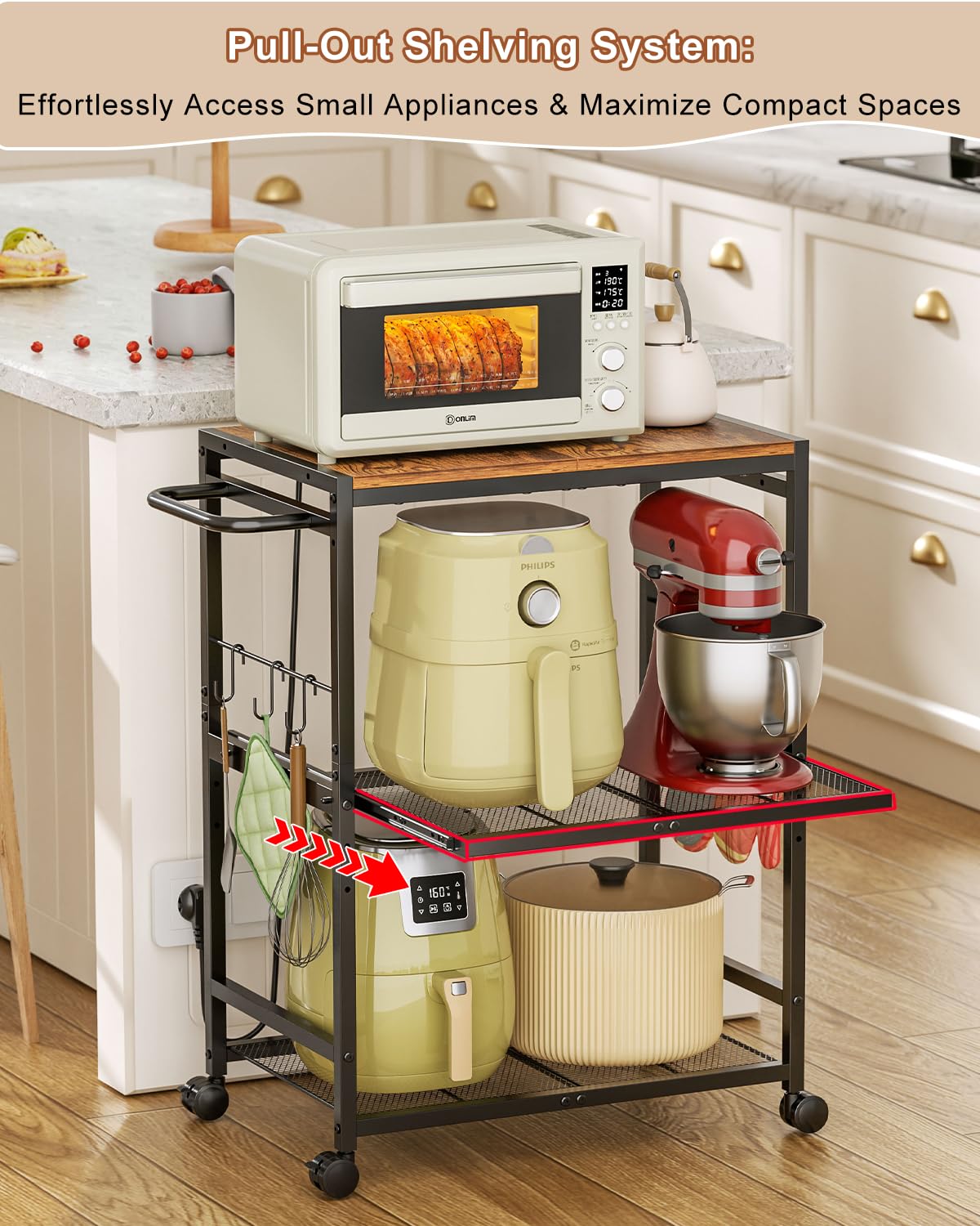 Feyejade 3-tier kitchen cart showcasing adjustable shelves for flexible storage.