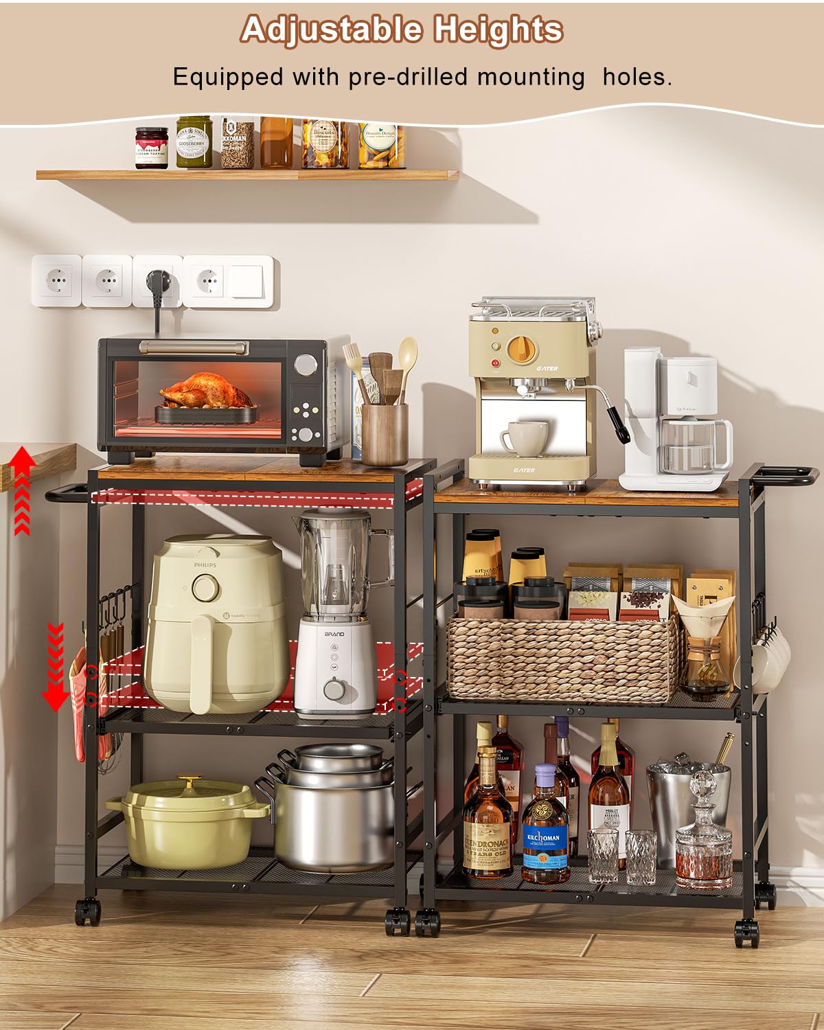 Feyejade microwave cart with push handle for easy maneuvering in busy kitchens.