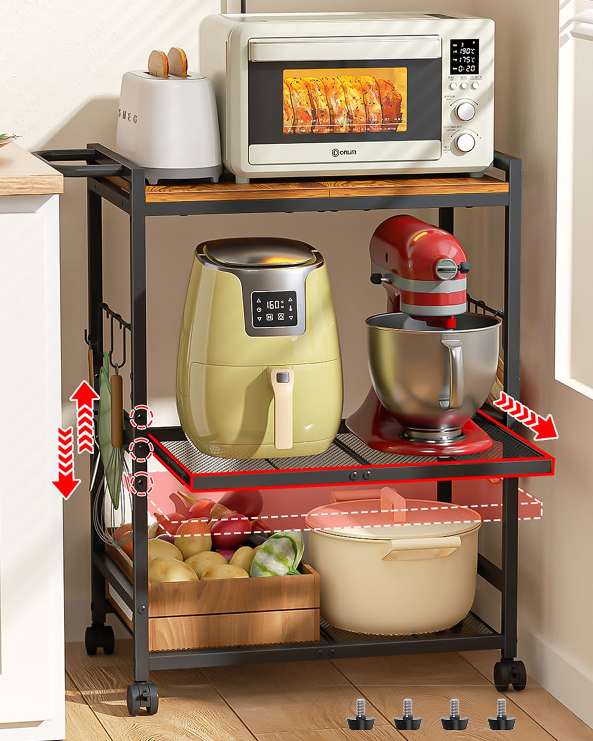 Feyejade microwave cart with pull-out slider shelf for convenient small-appliance access.