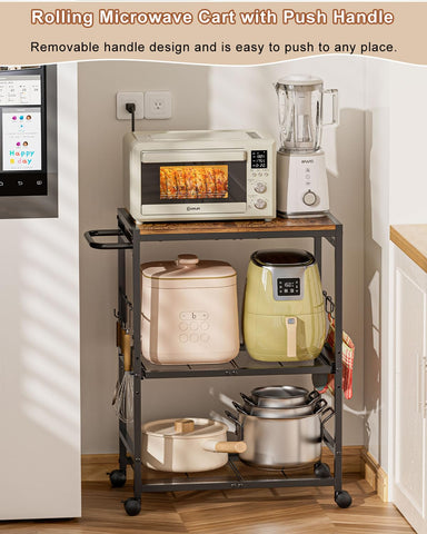 Feyejade rollable kitchen cart with wheels enables smooth repositioning.