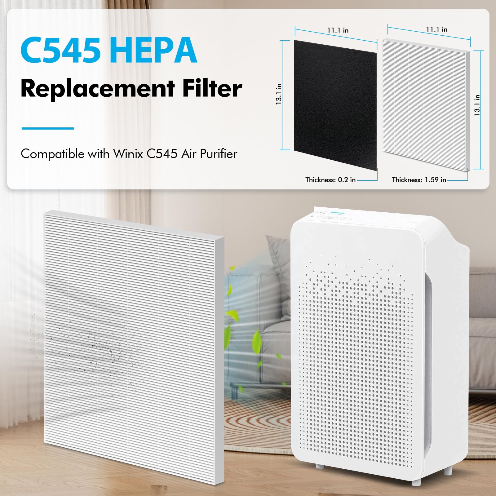 FFAC C545 filter layers illustration shows H13 HEPA and carbon capture for odors.