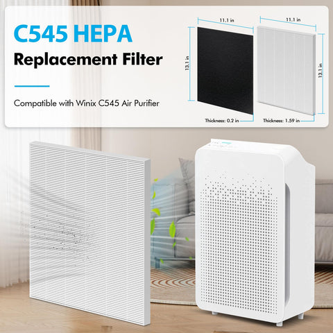 FFAC C545 filter layers illustration shows H13 HEPA and carbon capture for odors.