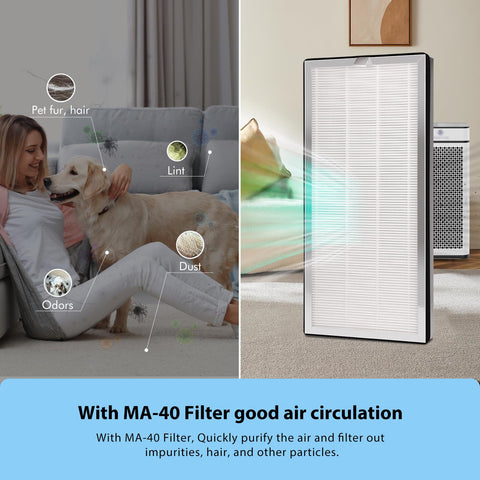 FFAC MA-40 in-use scene with purifier in living room demonstrating quiet operation