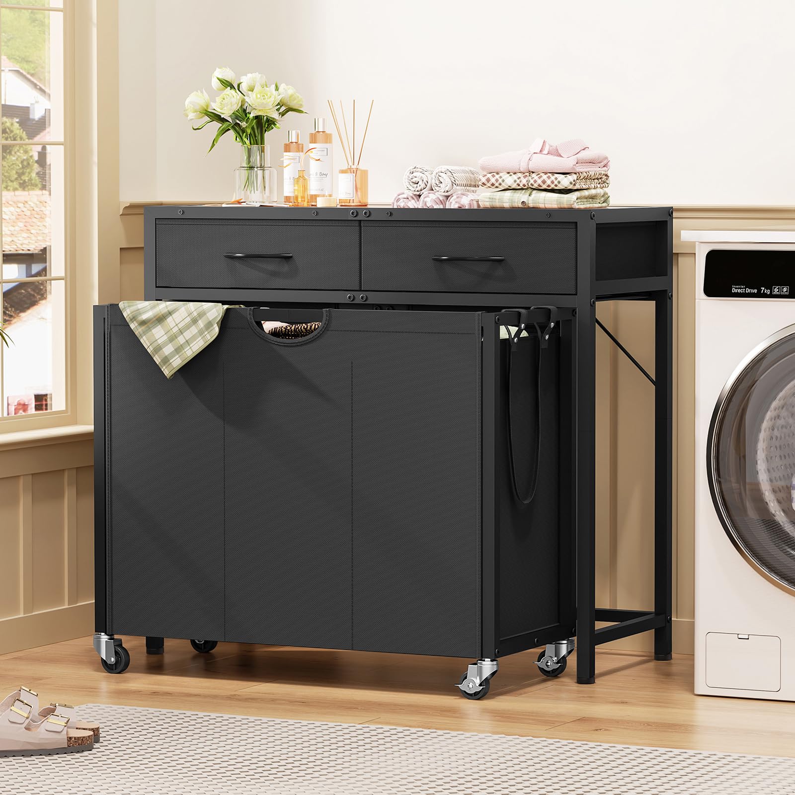FGNTWP versatile entryway console serving as a laundry sorter