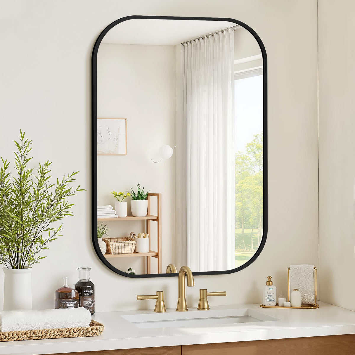 FGU bathroom mirror over sink in black matte frame for a modern focal point
