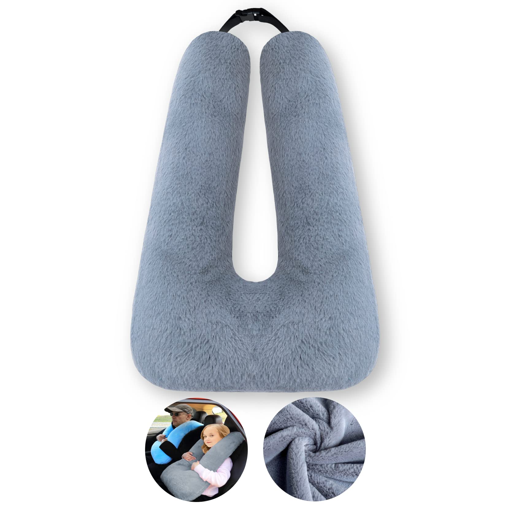 FHSGGP travel pillow in car with gray faux fur for cozy head support.