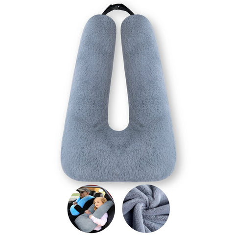 FHSGGP travel pillow in car with gray faux fur for cozy head support.