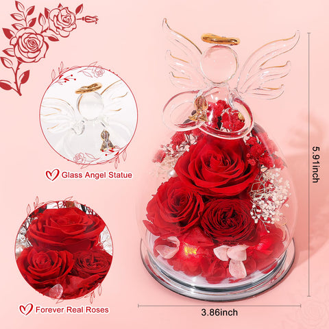 FIACO Angel figurine with LED light highlights the preserved rose for warm ambiance.