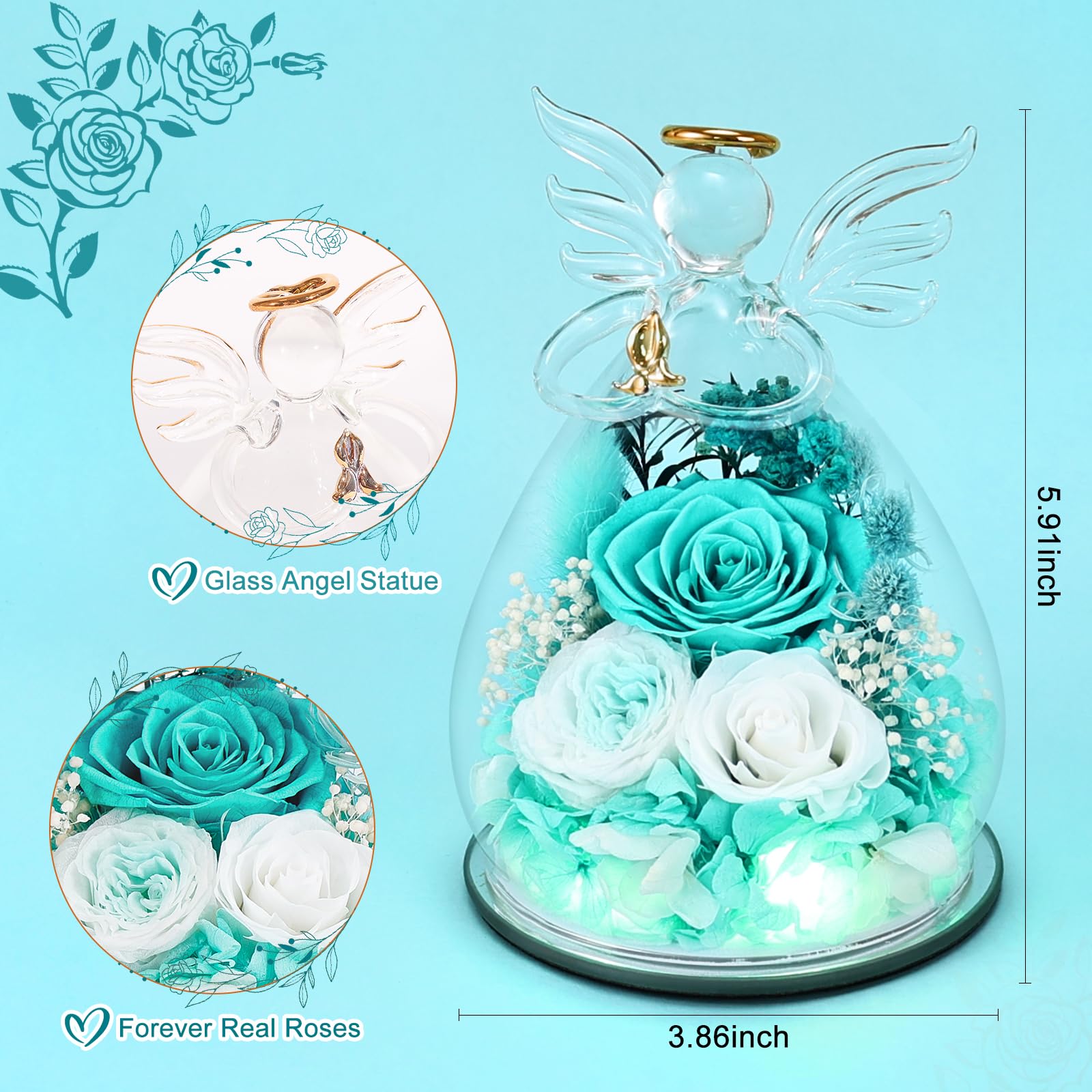 FIACO glass angel figurine with LED roses for warm ambient décor