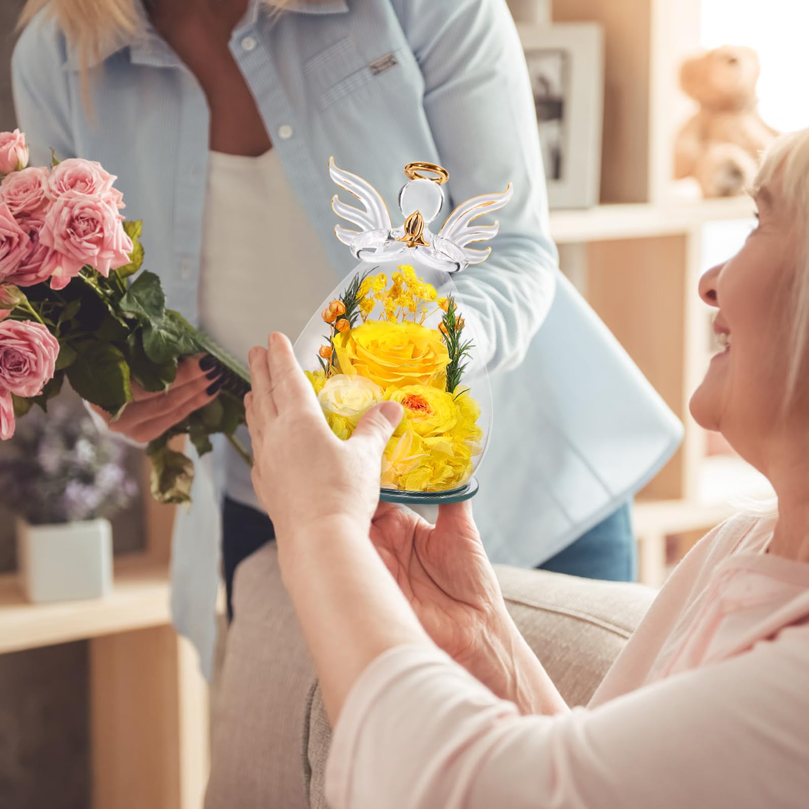 FIACO handcrafted angel floral keepsake with gold wings adds warm decor.