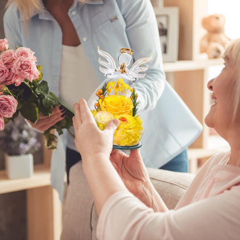 FIACO handcrafted angel floral keepsake with gold wings adds warm decor.