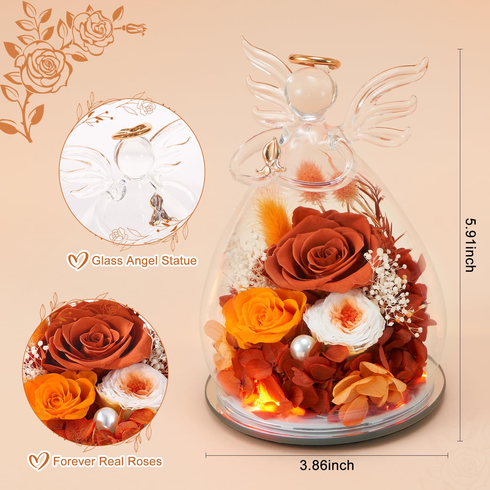 FIACO led-angel-figurine-roses: LED lighting enhances three preserved roses for ambience.