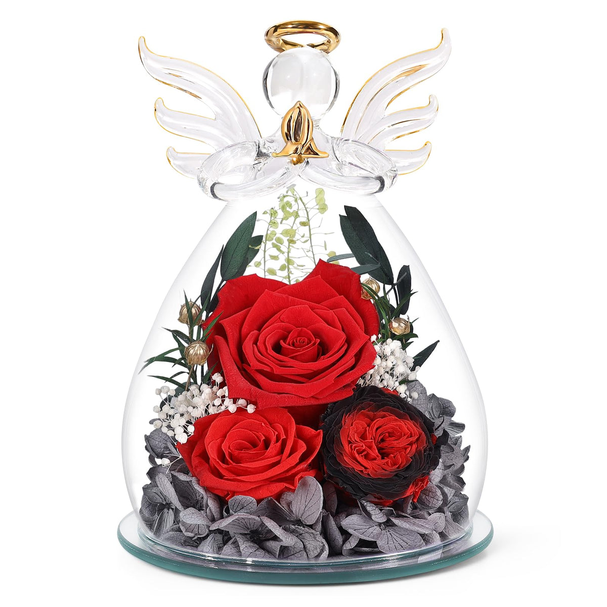 FIACO preserved rose angel figurine inside glass dome, timeless gift for birthdays and anniversaries.