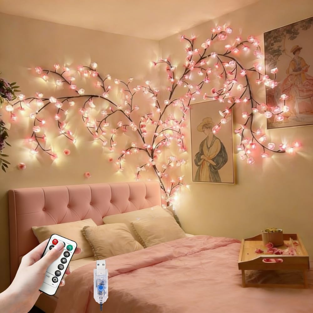 FIALAME Cherry Blossom Lights create romantic bedroom ambiance on a four-foot wall display.